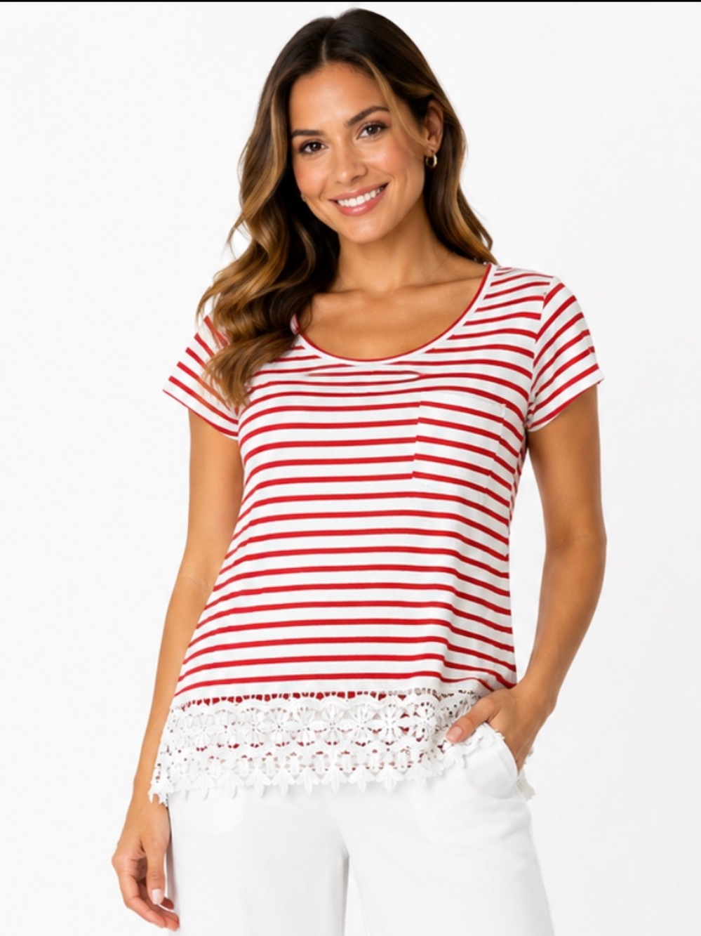 Charter Club Women’s Striped Crochet Lace Hem T-Shirt Red White 100% Cotton Sz M